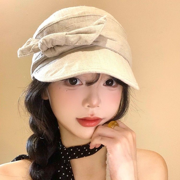 Bow Linen Women's Beret, Summer Art Thin Face Duck Tongue Hat, Light And Breathable Big Head Type_voghion.com