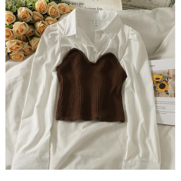 Damenbekleidung Kleines Revers Langarm Slim Fit Kurzes Hemd Weiblich Neu Gestrickt Stitching Stilvolles Top_voghion.com