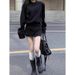 Hua Mian Brushing Casual Women's Long Sleeve Autumn/Winter Hoodie Lazy Style Two Piece Set Black_voghion.com
