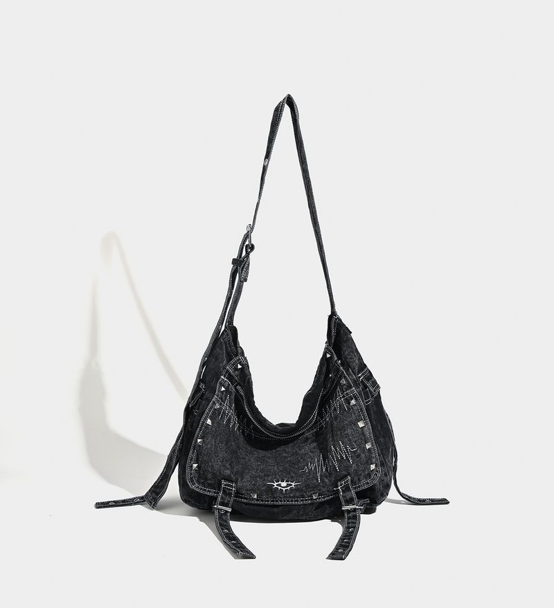 Sac fourre-tout grande capacité en jean délavé et usé, design de niche automne-hiver, grand sac croisé incliné à rivets_voghion.com