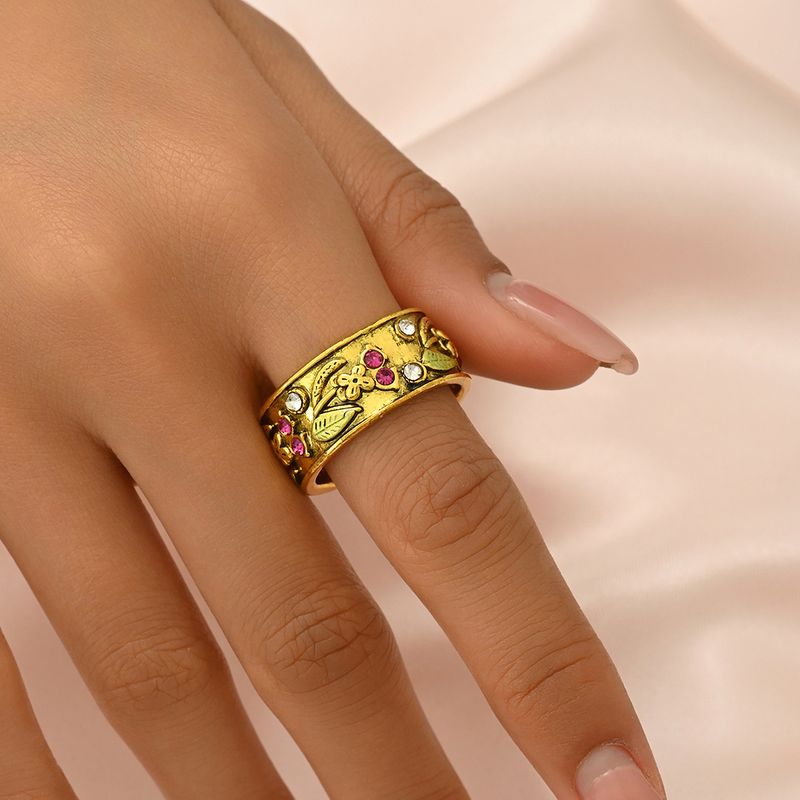 Anel unissex de nicho literário retrô estilo palácio simples para mulheres, incrustado com diamantes coloridos e design de flores, todos combinando, anel de alta qualidade_voghion.com