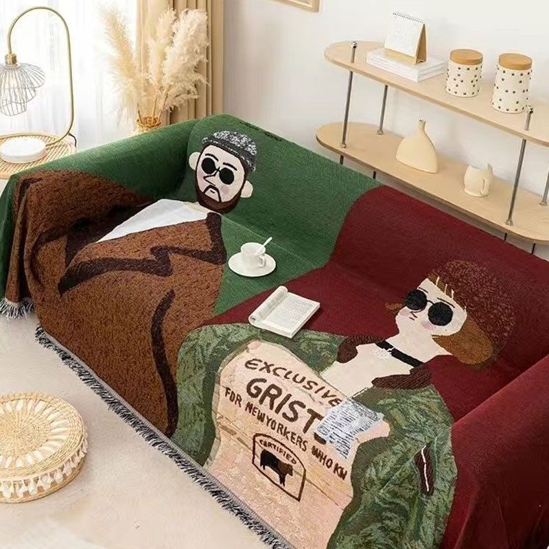 Coperta da divano con illustrazione di coppia retrò americana - adatta a tutte le stagioni, antipolvere, copertura completa per divano e divano a due posti_voghion.com