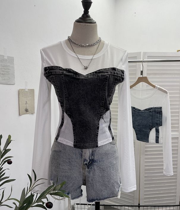 Damenbekleidung Mädchen Design Mesh Splicing Denim Top Langarm Bottoming Shirt Schlankes kurzes Nischen-T-Shirt_voghion.com