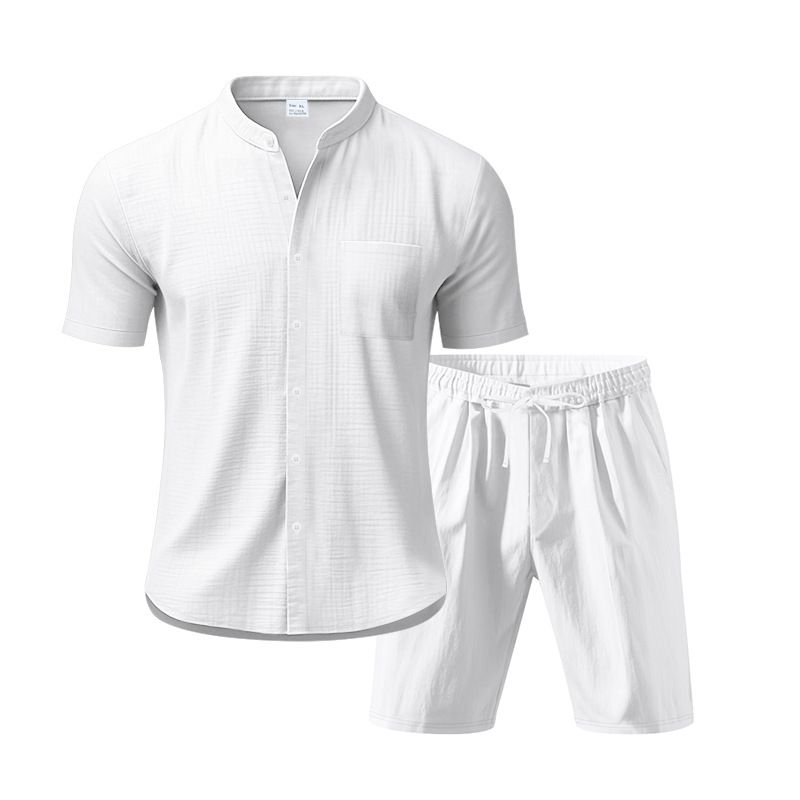 American Hawaiian Summer Men's Linen Loose Henry Collar Beach Short Sleeve Shorts Shirt Set_voghion.com