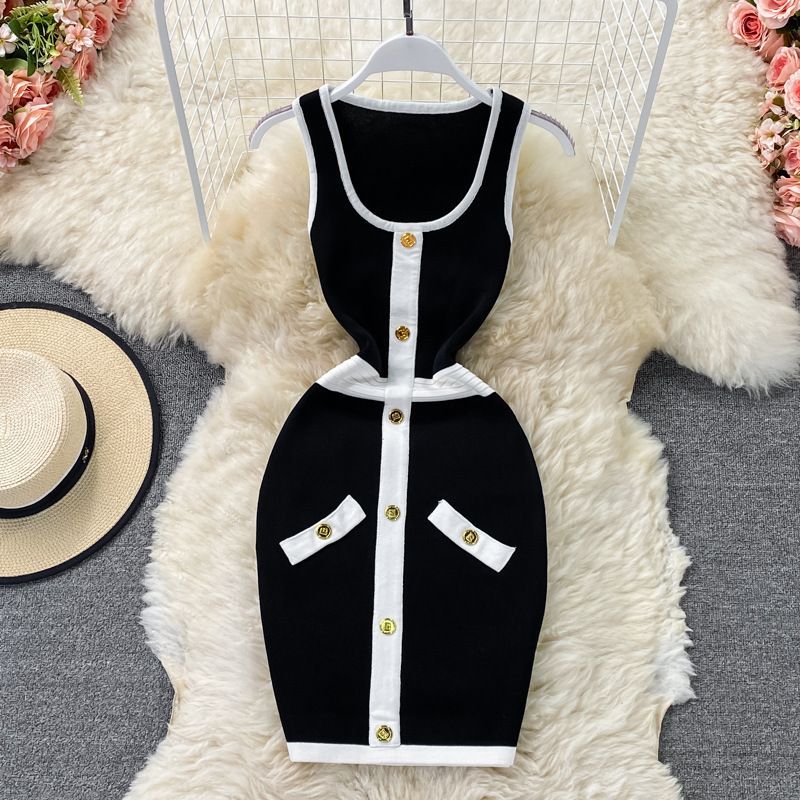 Célébrité française rétro gilet jupe taille minceur col en U tricoté robe de hanche sans manches_voghion.com