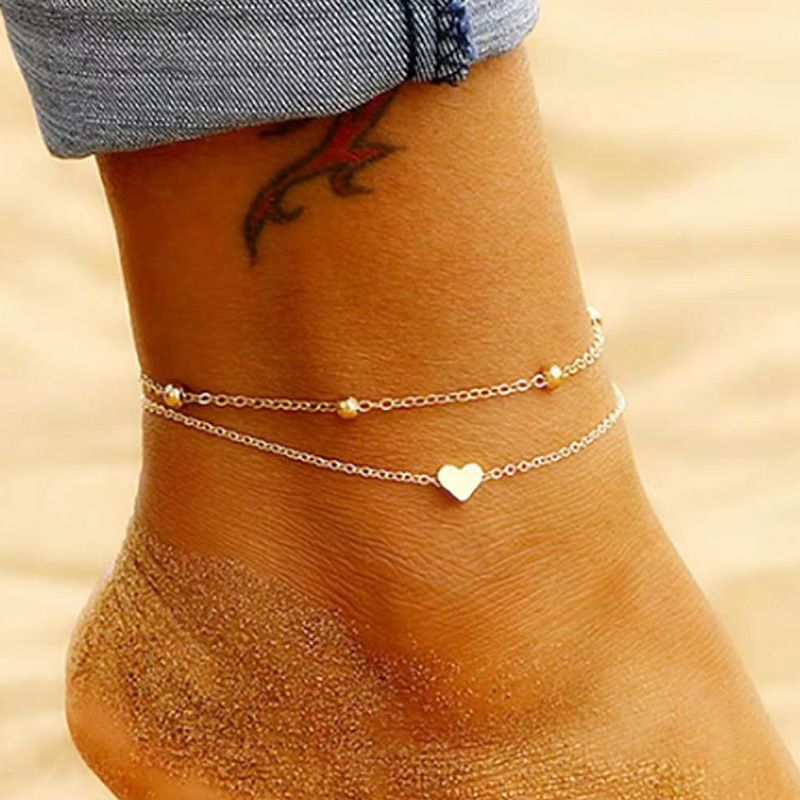 New Style Round Bead Double Layer Peach Heart Creative Simple Alloy Anklet_voghion.com