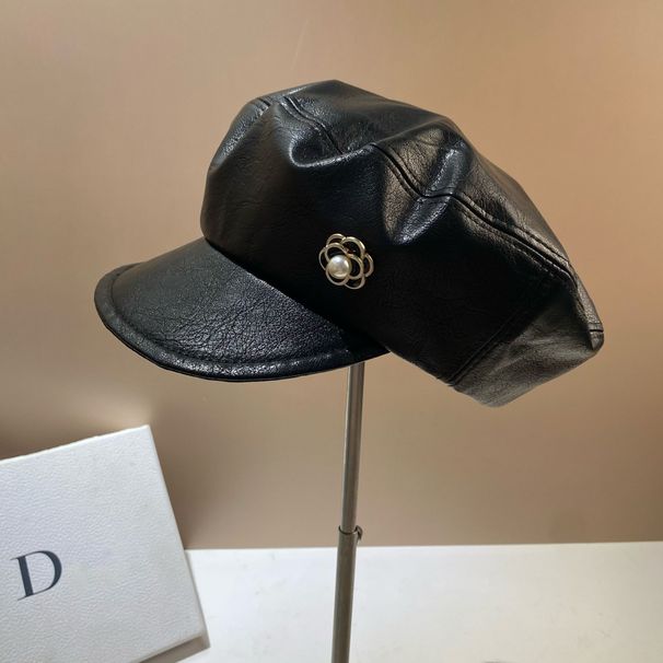 Cappello militare ottagonale in pelle alla moda da donna Xiaoxiangfeng Camellia Newsboy, autunno e inverno personalizzato fresco_voghion.com