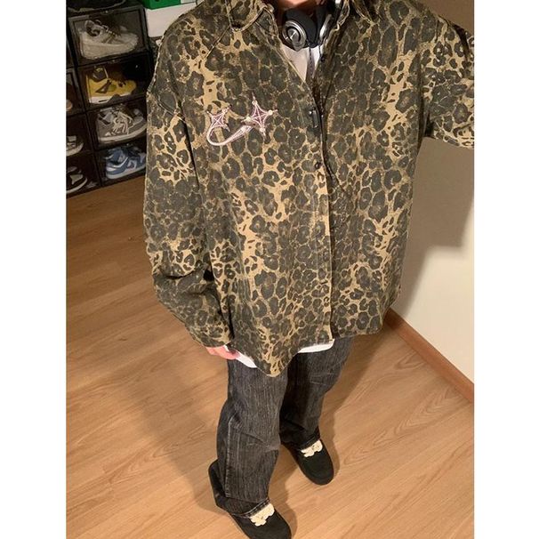 2024 Spring And Early Autumn American High Street Leopard Print Washed Denim Shirt Men's Loose Couple Jacket Trend_voghion.com