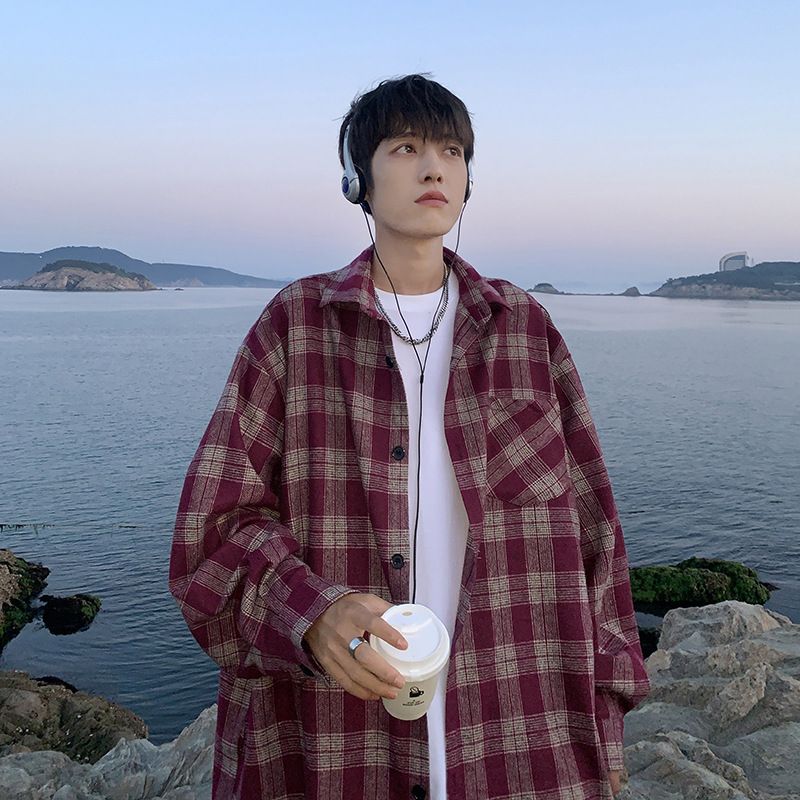 2024 Nova karirasta srajca z dolgimi rokavi za moške, ohlapna in vintage modna znamka Pi Shuai, srajca in plašč_voghion.com