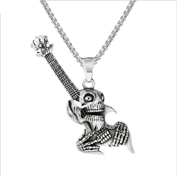 Moda nuova collana con pendente per chitarra rock con teschio da uomo in acciaio inossidabile personalità design unico collana gioielli regalo per feste_voghion.com