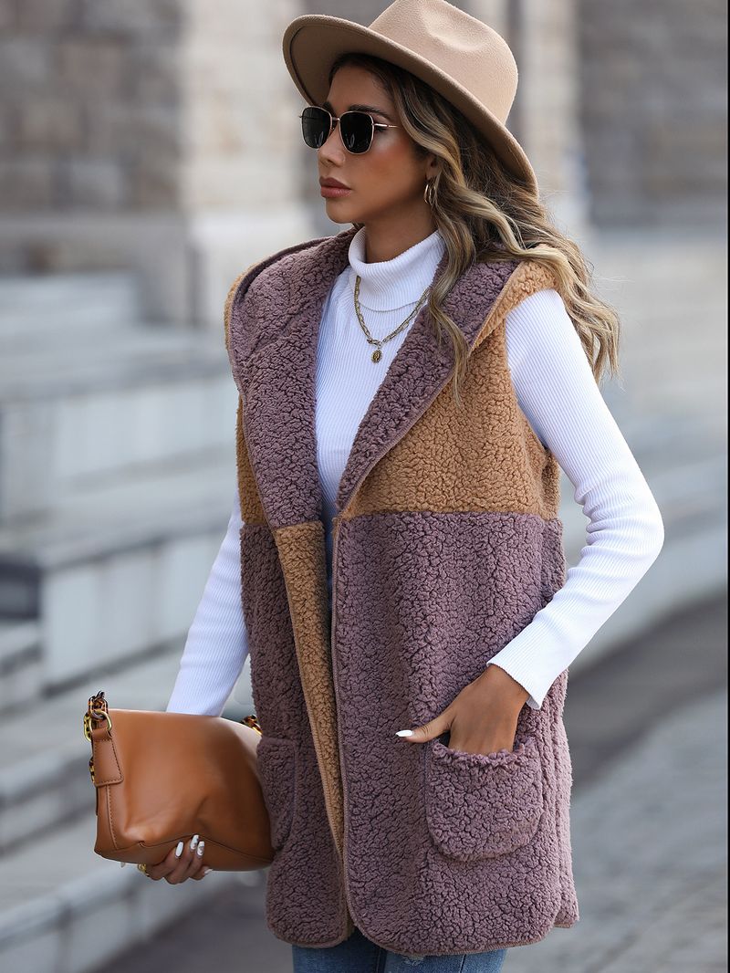 Women's Hooded Sleeveless Colour Blocking Pockets Buttonless Mid-Length Cardigan Bubble Fleece Jacket_voghion.com