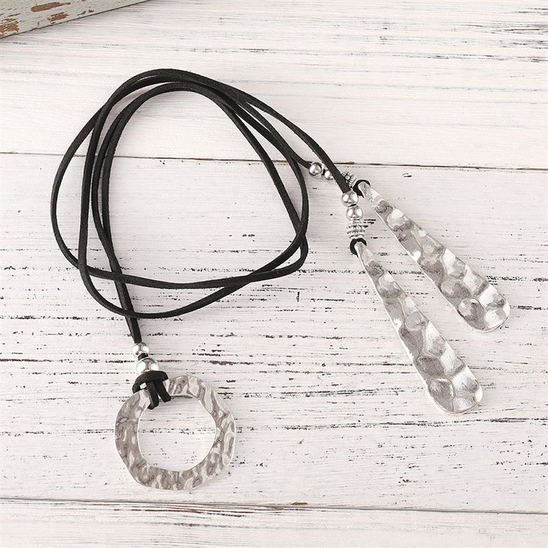 Collana lunga con laccio a corda, ciondolo triangolare martellato, collana regolabile a forma di Y, gioielli per donna_voghion.com