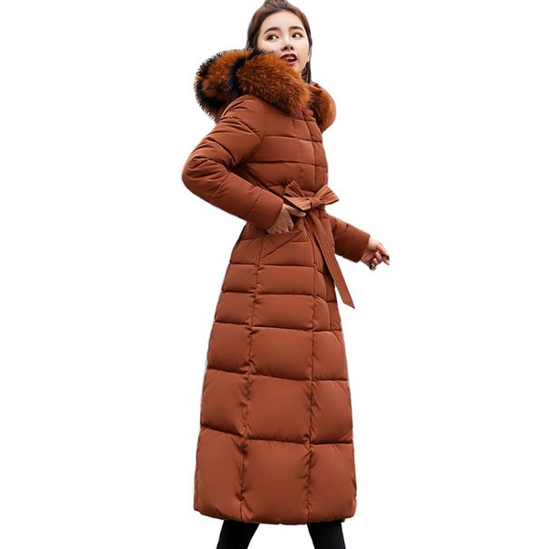 Casaco longo acolchoado feminino com capuz de pele sintética, jaqueta impermeável grande e quente para inverno com cinto, agasalho acolchoado espesso para clima frio_voghion.com