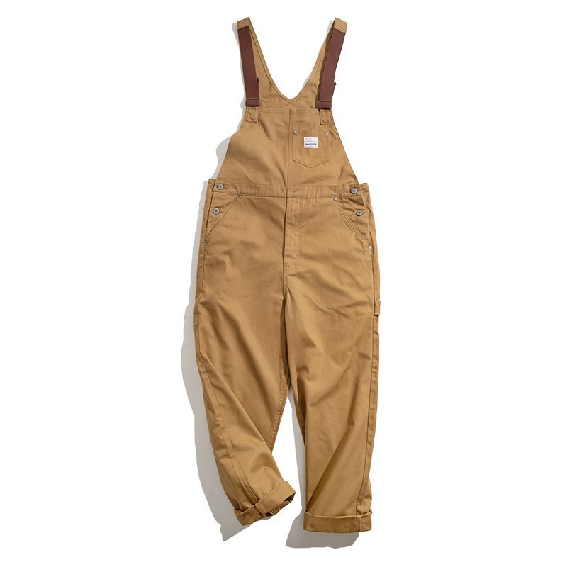Man's clothing Vintage cargo khaki overalls men's pants with canvas suspenders_voghion.com