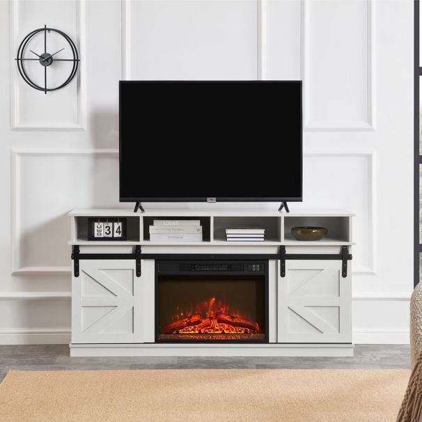 Modern Farmhouse TV Media Stand, Large Barn Inspired Home Entertainment Console, With 23" Fireplace Insert, For TV Up To 65'', With Open Shelves And Closed Cabinets, White_voghion.com