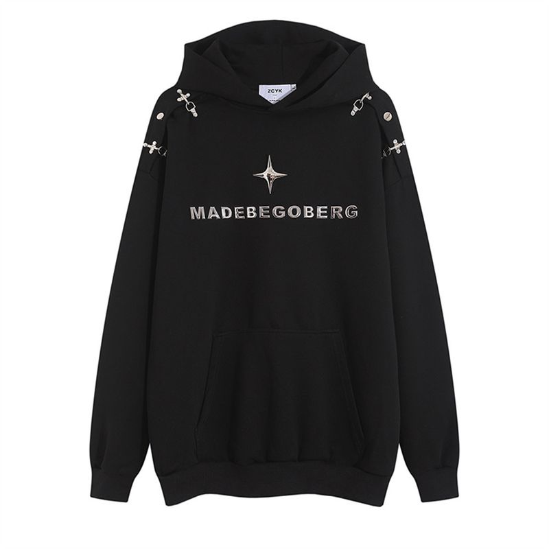 Kapuzenpullover mit Metall-Flugzeugknopf, lockerer Drop-Shoulder-Stil, Herren, Herbst, dünner Street-Trend, amerikanischer Buchstabe, langärmeliger Kapuzenpullover_voghion.com