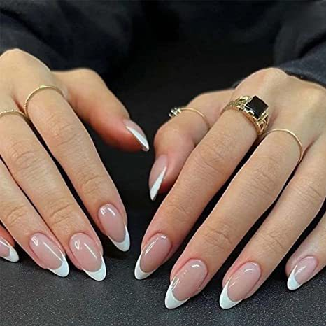 Unghie finte a mandorla con punta francese - Unghie finte bianche naturali con colla e linguette in gel, unghie finte riutilizzabili per le donne_voghion.com