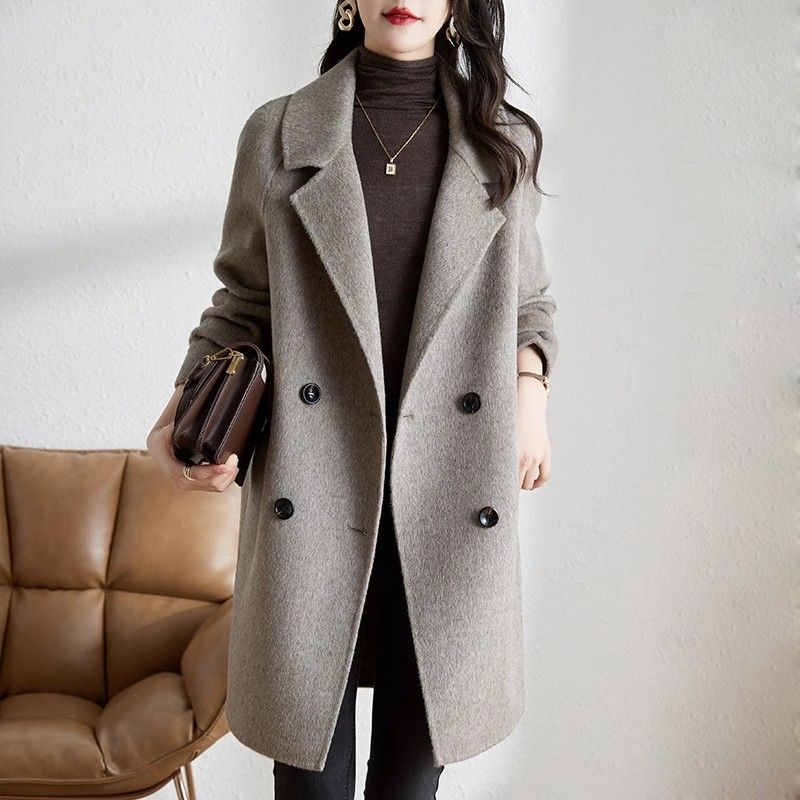 Doppelseitiger Wollmantel für Damen – Slim Fit Trenchcoat mit Gürtel, eleganter Pea Coat für Herbst und Winter, Büro & Freizeit_voghion.com