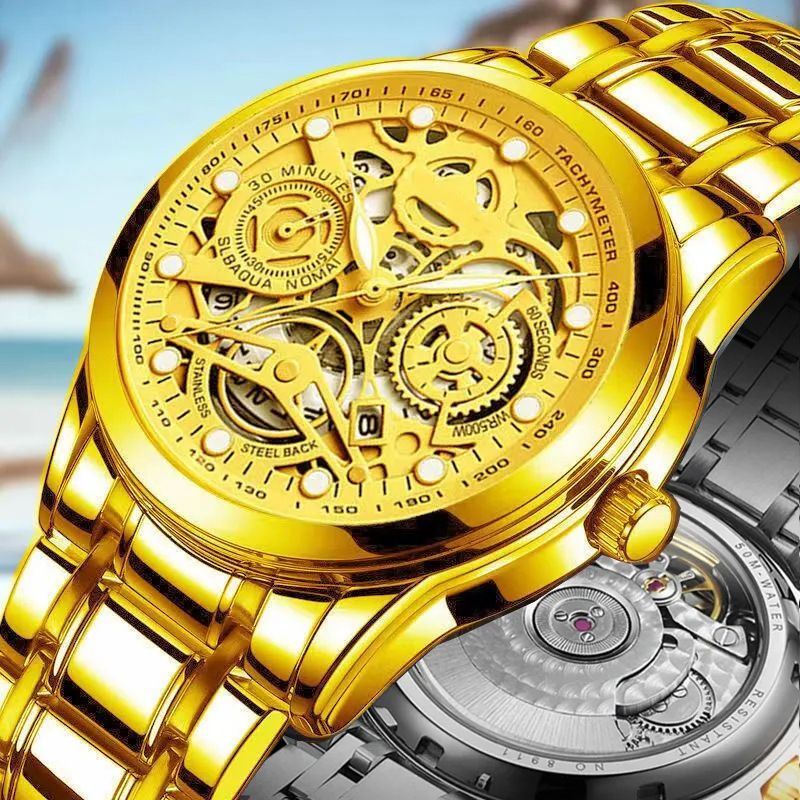 Montre automatique creuse à la mode pour homme Kuaishou, non mécanique, lumineuse, étanche, calendrier, volant d'inertie_voghion.com