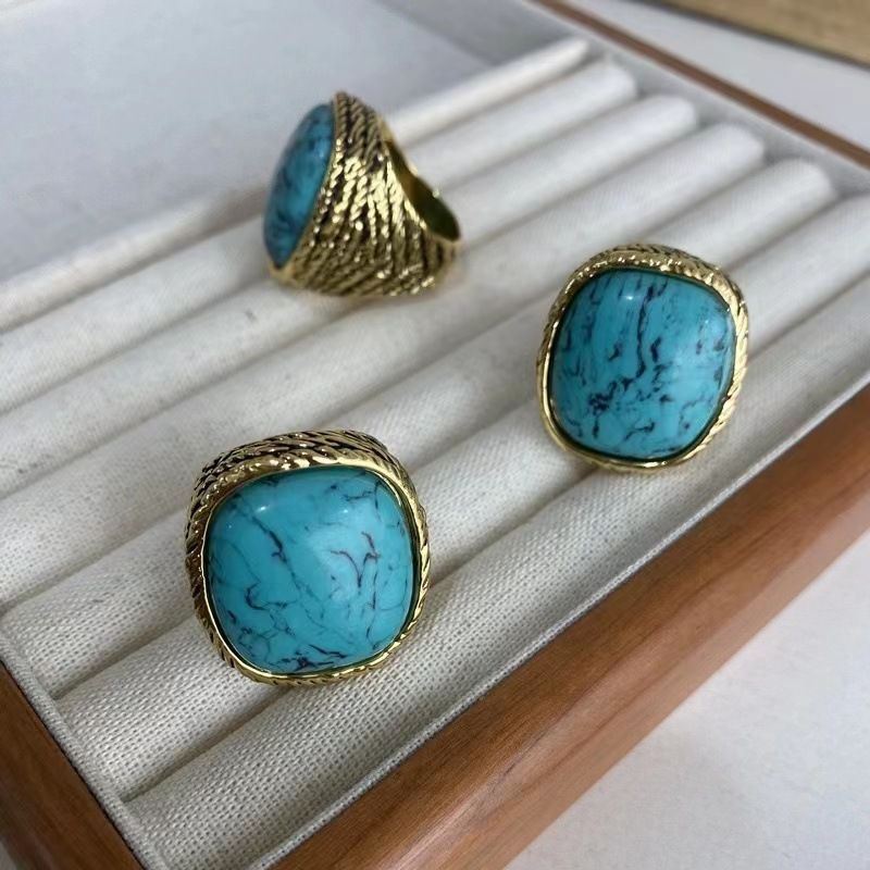 Anello a fascia larga elegante, vintage, turchese blu, in rame sottovuoto, placcato oro, di lusso e alla moda_voghion.com