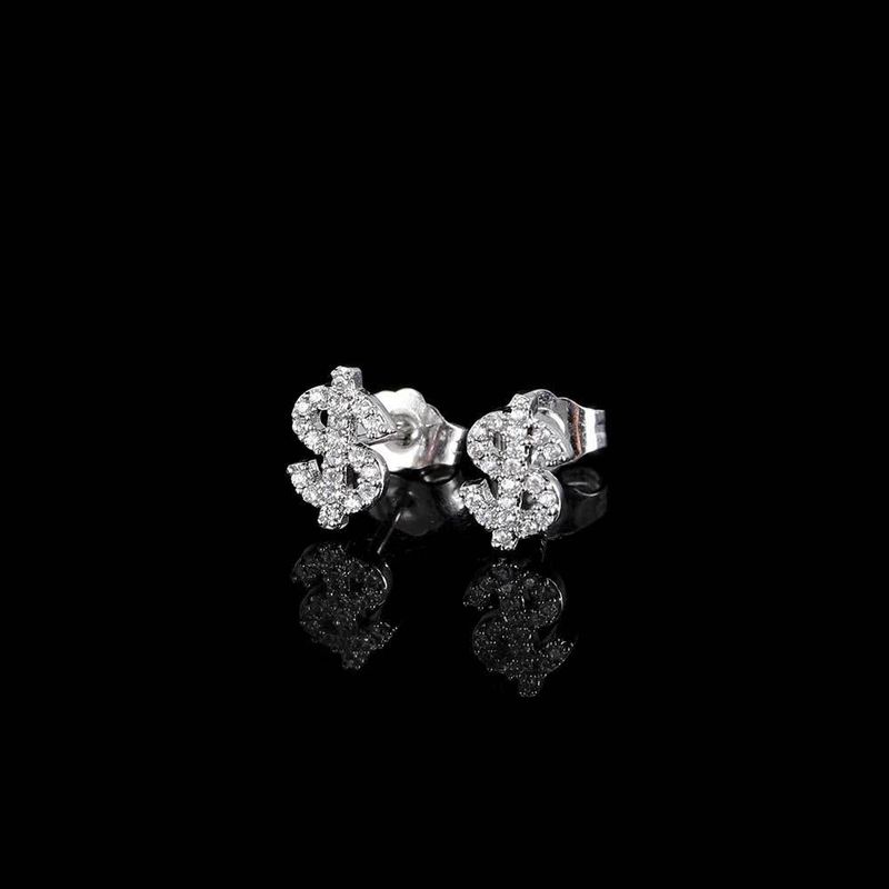 Orecchini Hip Hop per uomo e donna - Orecchini geometrici con zirconi e simbolo del dollaro in oro e oro bianco_voghion.com
