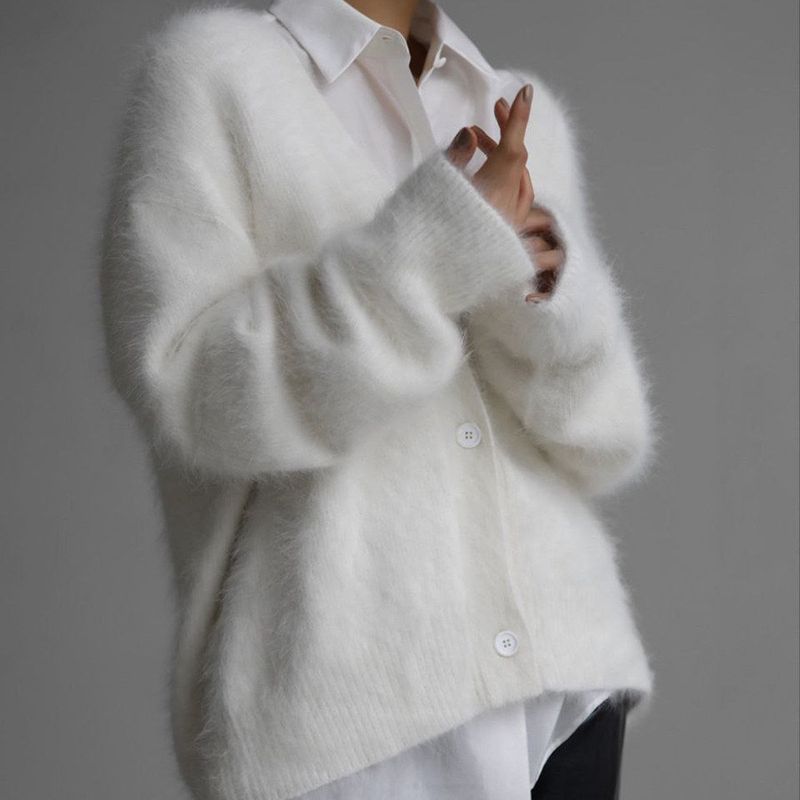 K New Women's Pure Color Cardigan With V-neck, Loose Mink Down Jacket._voghion.com