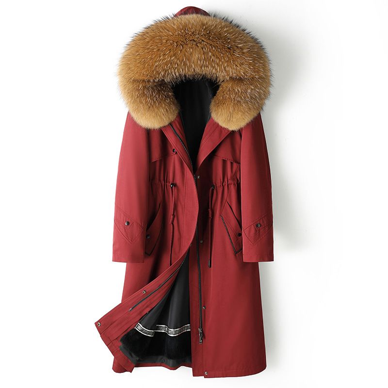 Women's Detachable Rabbit Fur Parka Coat, Knee-Length & Ankle-Length Winter Jacket With Hood, Windproof Outerwear For Extreme Cold (M-XXXL), Wine Red_voghion.com