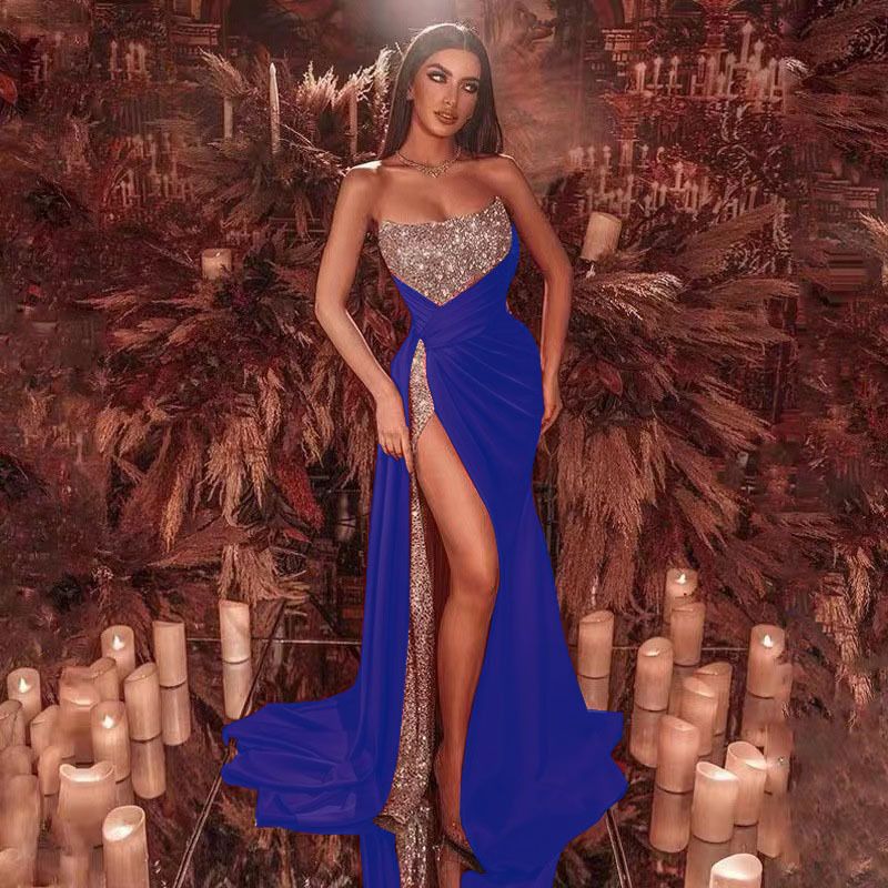  European and American women's sequined slit plus long skirt sexy off shoulder tube top full skirt evening dress_voghion.com