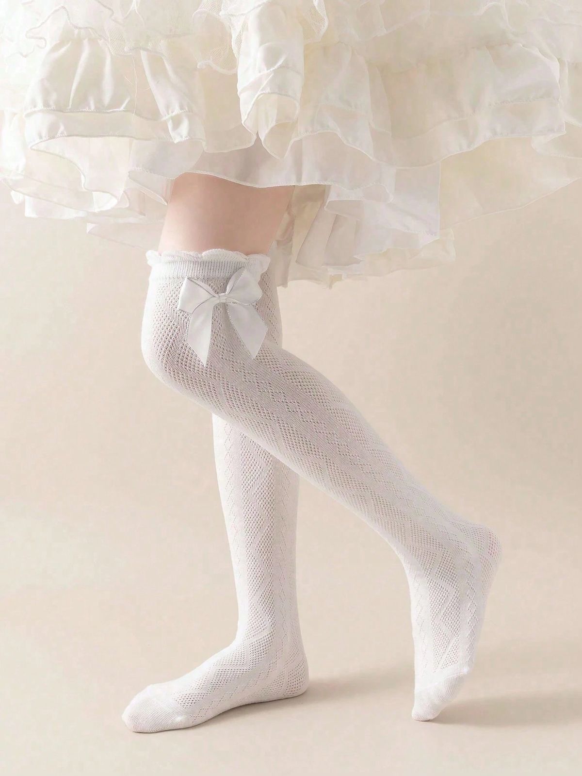 2 Stück/Set Lange Kindersocken, Mädchen Prinzessinnen-Stil Leichte Atmungsaktive Overknee-Socken mit Rautenspitze und Schleife, Für Frühling & Herbst_voghion.com