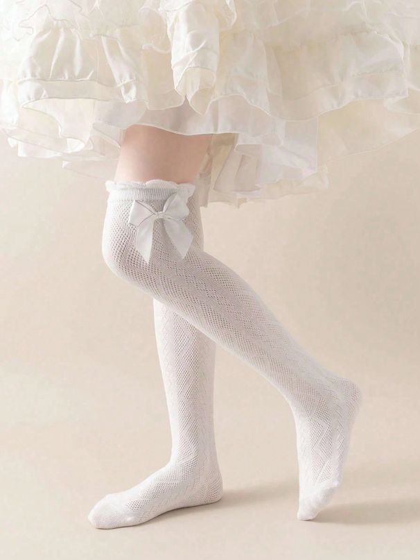 2 Stück/Set Lange Kindersocken, Mädchen Prinzessinnen-Stil Leichte Atmungsaktive Overknee-Socken mit Rautenspitze und Schleife, Für Frühling & Herbst_voghion.com