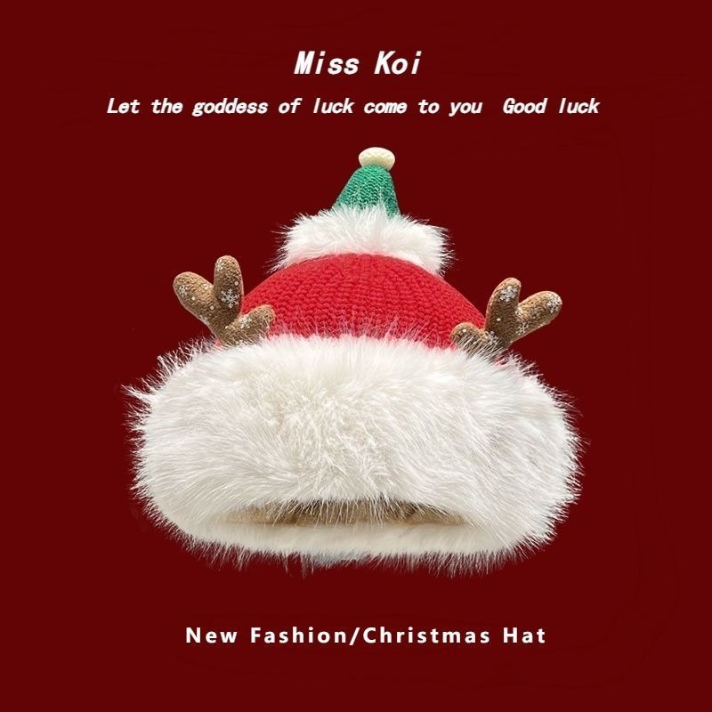 Winter New Fashion Versatile Plush Cute Deer Horn Hat Christmas Red Atmosphere Feel Cold proof Ear Protection Cap_voghion.com