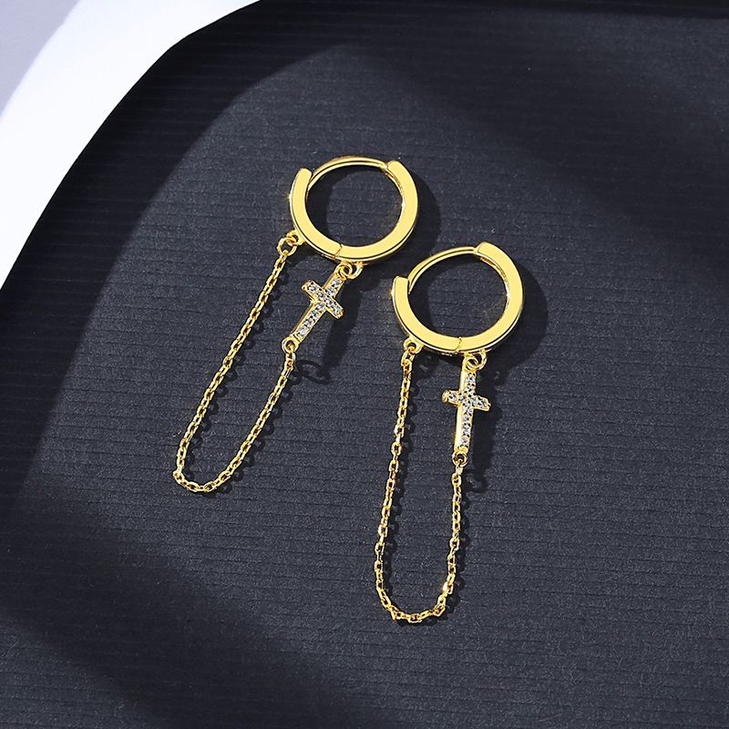 Orecchini a croce con zirconi cubici in argento sterling, con catena a clip e zirconi cubici, per ragazze e donne_voghion.com