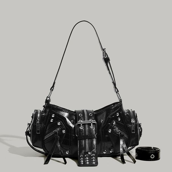Borsa a tracolla da donna alla moda, con tracolla singola, stile motociclista, con cintura punk borchiata_voghion.com