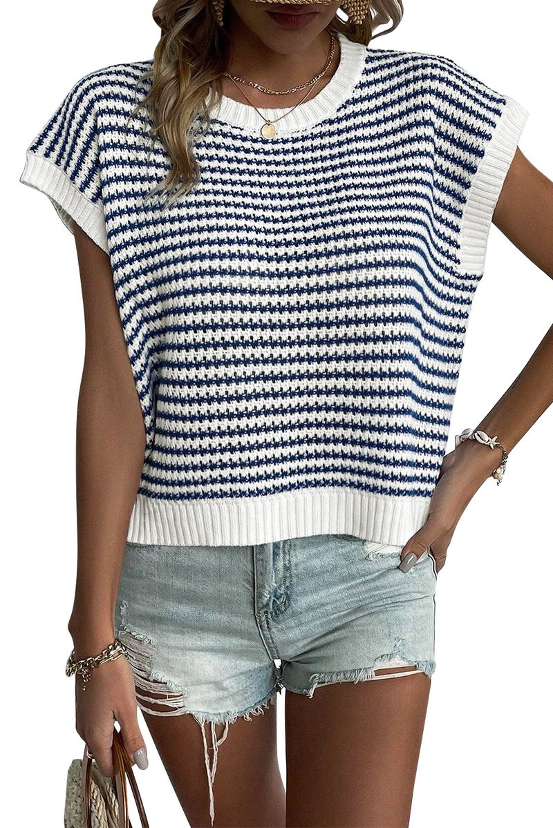 Pull rayé décontracté à manches chauve-souris et col rond pour femme, nouvelle mode_voghion.com