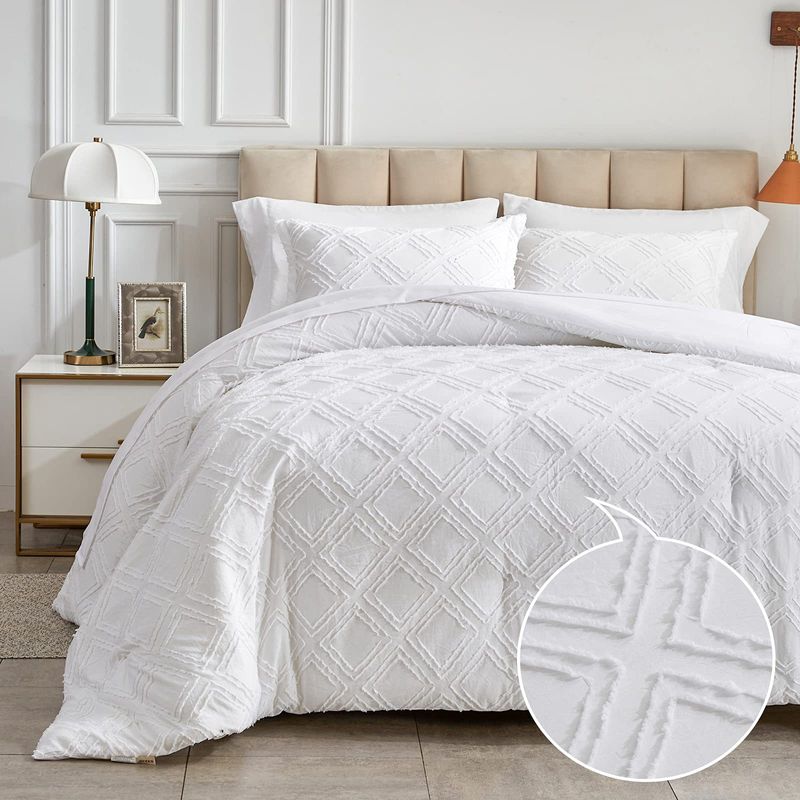 Conjunto de edredom queen size respirável com tufos bordados boêmios brancos, conjunto de cama alternativo de 3 peças com plumas para todas as estações_voghion.com