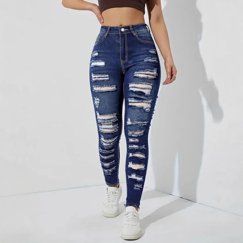 Dámské oblečení Ripped Raw Edge High Elastické dámské džínové úzké kalhoty_voghion.com
