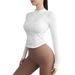 Women's Activewear White Tight Fitting Sports Jacket With Stand Up Collar, Long Sleeves, Quick Drying, Slim Fitting, Zippered Yoga Top_voghion.com
