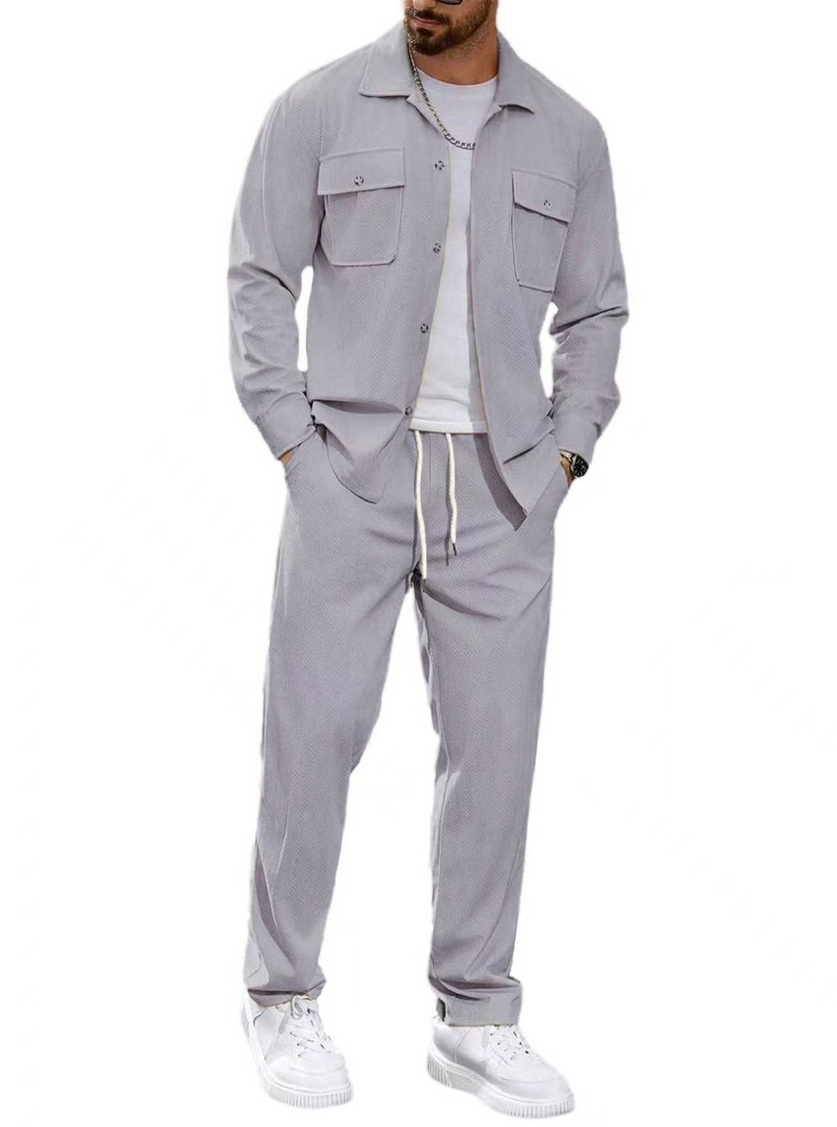 Men's Casual Sports Two Piece Suit Simple Button Pocket Lapel Jacket Straight Pants Suit_voghion.com