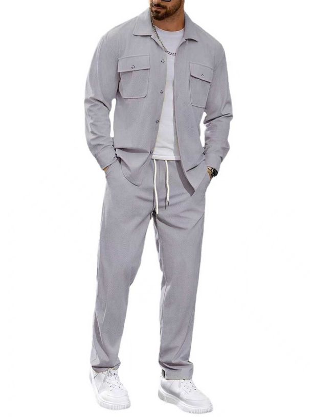 Men's Casual Sports Two Piece Suit Simple Button Pocket Lapel Jacket Straight Pants Suit_voghion.com
