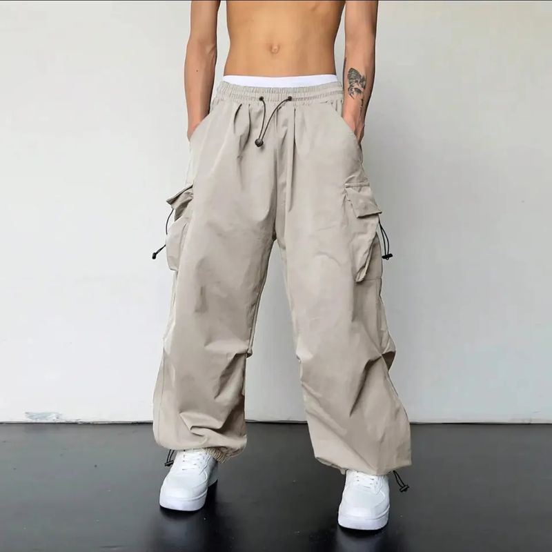 Schnell Trocknende Cargohose Für Herren Im Amerikanischen Stil, 2024, Sommer, Neue Fallschirmhose, Hohe Taille, Weites Bein, Lässige Sporthose_voghion.com