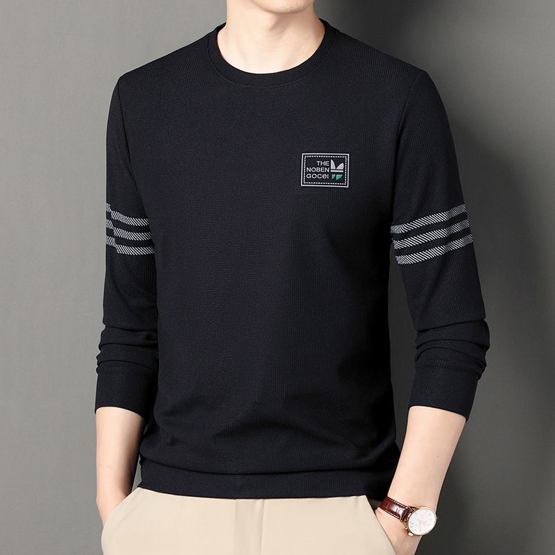 Pikkade varrukatega puuvillane T-särk uues stiilis kevade ja sügise ümarkaelusega trükitud kapuutsiga alussärk Huafu Ge keskealine_voghion.com