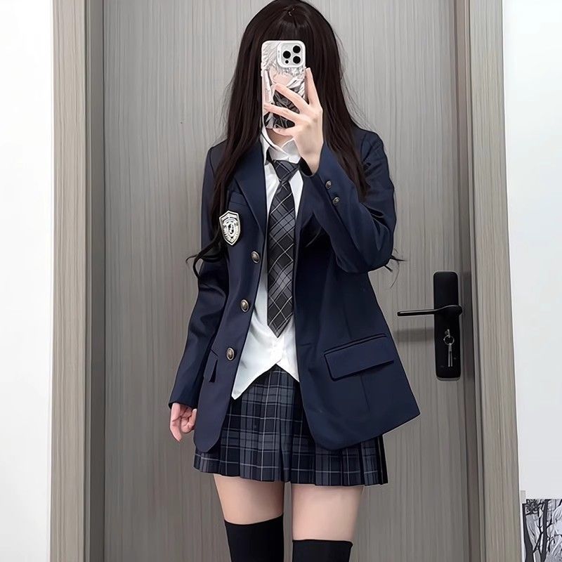 Mädchen JK Uniform Marineblauer Anzug im College-Stil Blazer Karorock Hemd Outfit Set für Damen_voghion.com