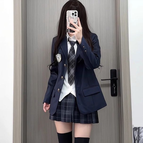 Mädchen JK Uniform Marineblauer Anzug im College-Stil Blazer Karorock Hemd Outfit Set für Damen_voghion.com