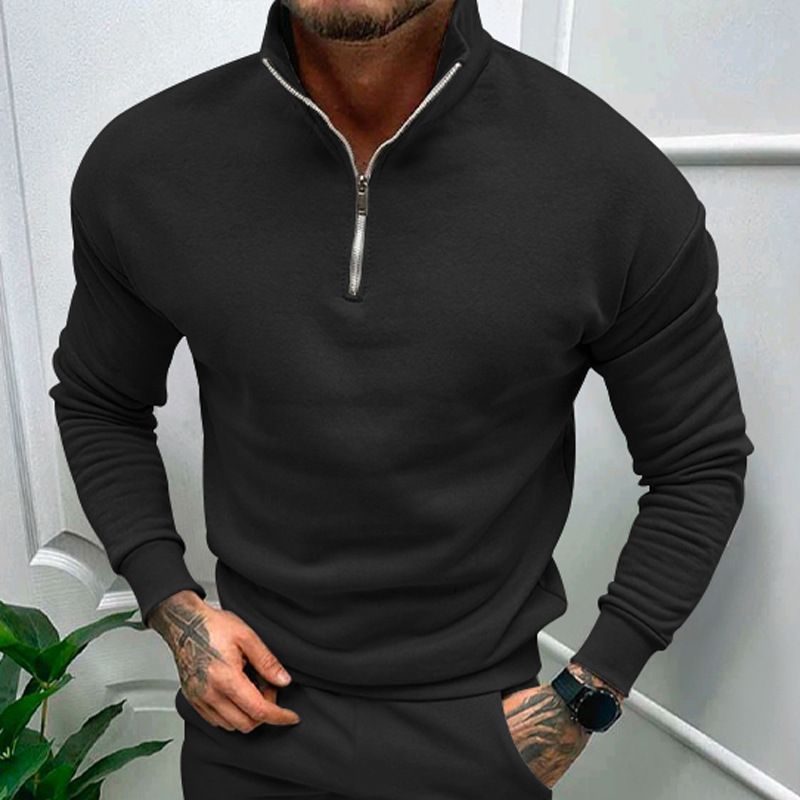Men's Clothing Casual Plus Fleece Solid Color Long-Sleeved Half-Zip Stand-Up Collar Hoodie_voghion.com