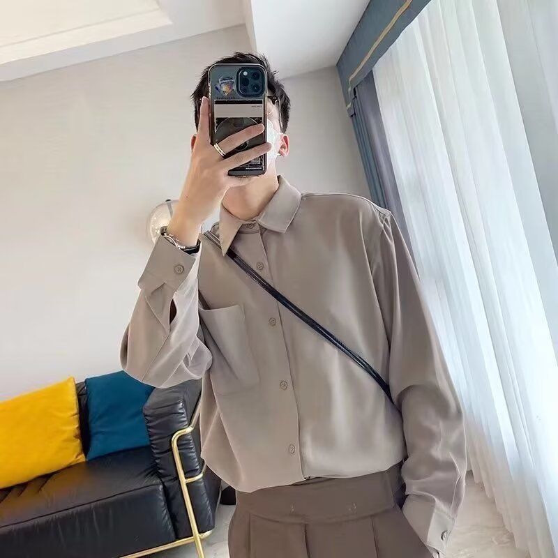 Tencel Long Sleeved Shirt, Lapel Casual Shirt, Solid Color, Simple And Smooth, Versatile Men's Top_voghion.com