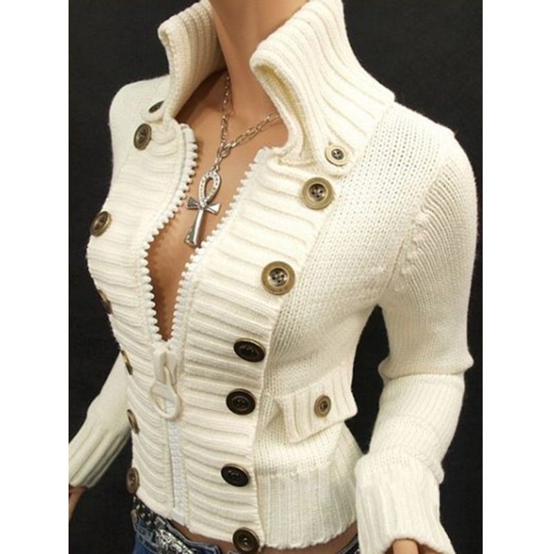 Maglione sottile da donna con cerniera alla moda, colletto alla coreana, top abbottonato in tinta unita_voghion.com