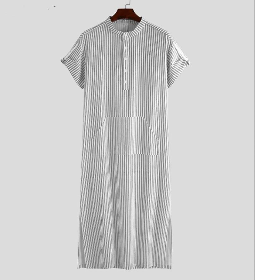 Męska odzież Muzułmańska luźna, prążkowana, krótka koszula z krótkim rękawem_voghion.com