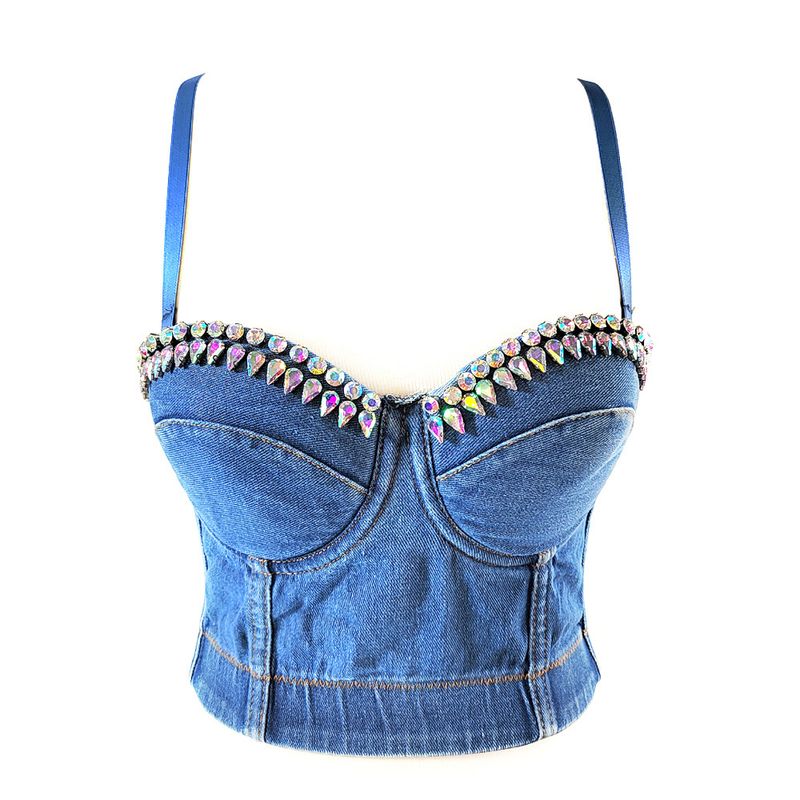 European and American dark style denim suspenders, outerwear, diamond-studded slim fit, bra, AB color, water drop, bright diamond, hot girl's top_voghion.com