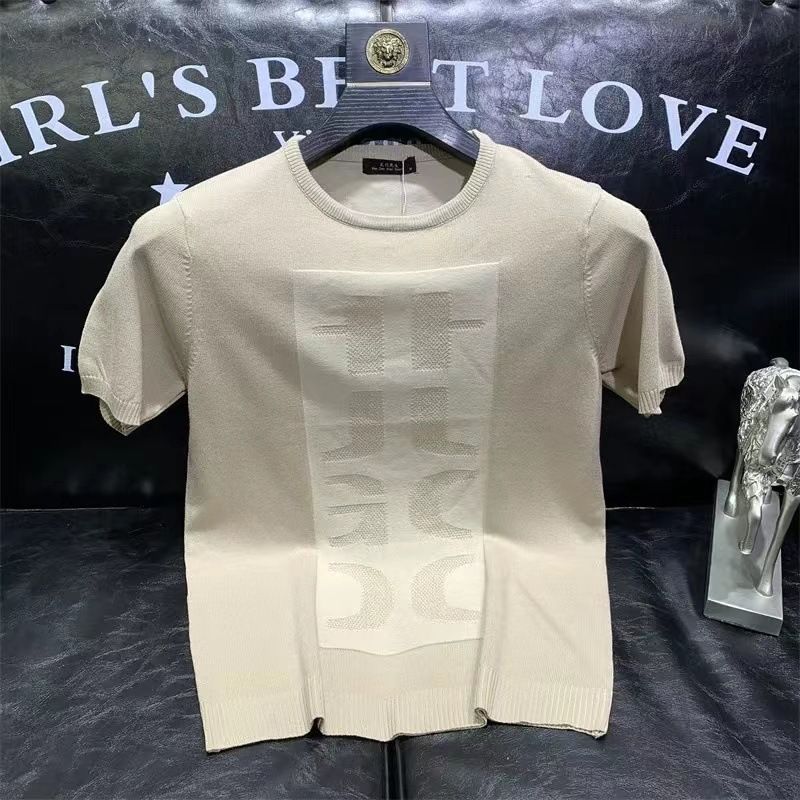 Men's Clothing new knitted short sleeved T shirt men's sweater half sleeved knitted sweater bottoming shirt youth slim jacquard thin style_voghion.com