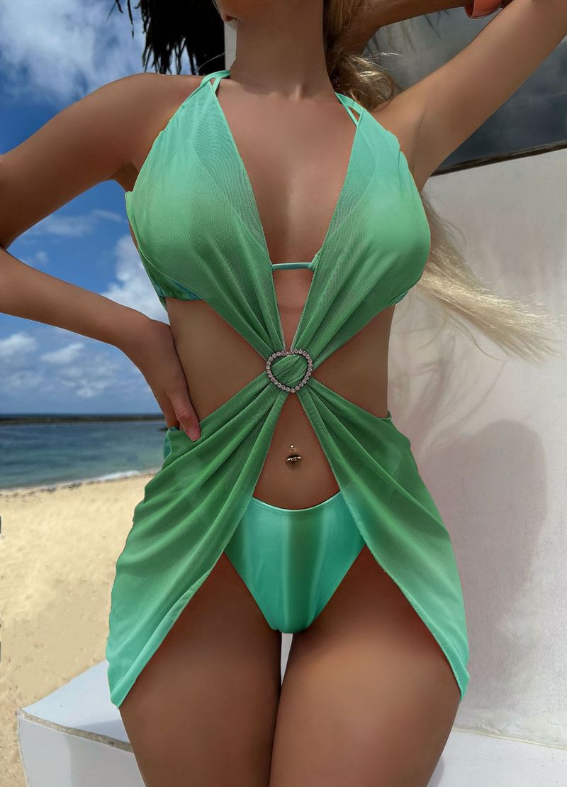 Women's Clothing Striped Gradient Love Mesh Skirt Three Piece Swimsuit Swimsuit Bikini Bikini_voghion.com